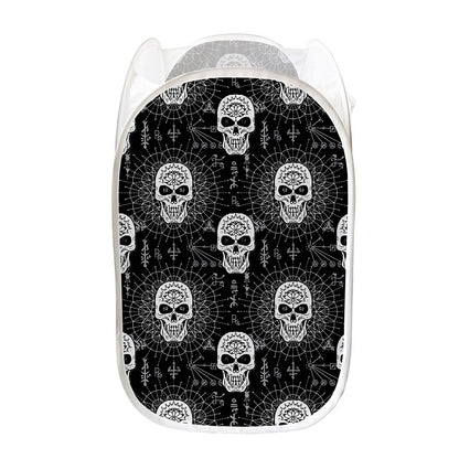 Black And White Wicca Evil Skull Print Mesh Laundry Hamper