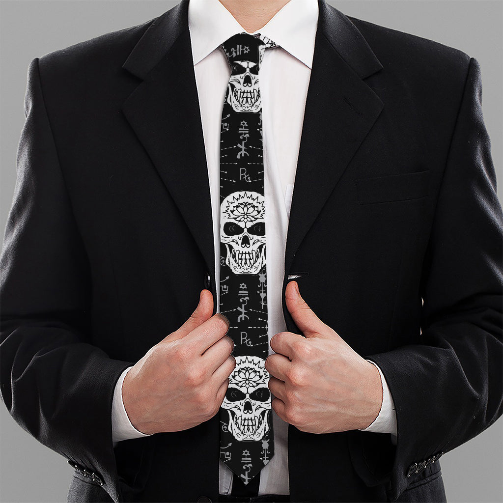 Black And White Wicca Evil Skull Print Necktie