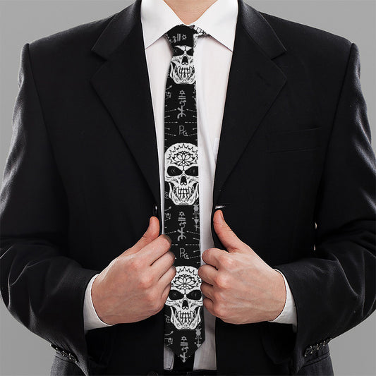 Black And White Wicca Evil Skull Print Necktie