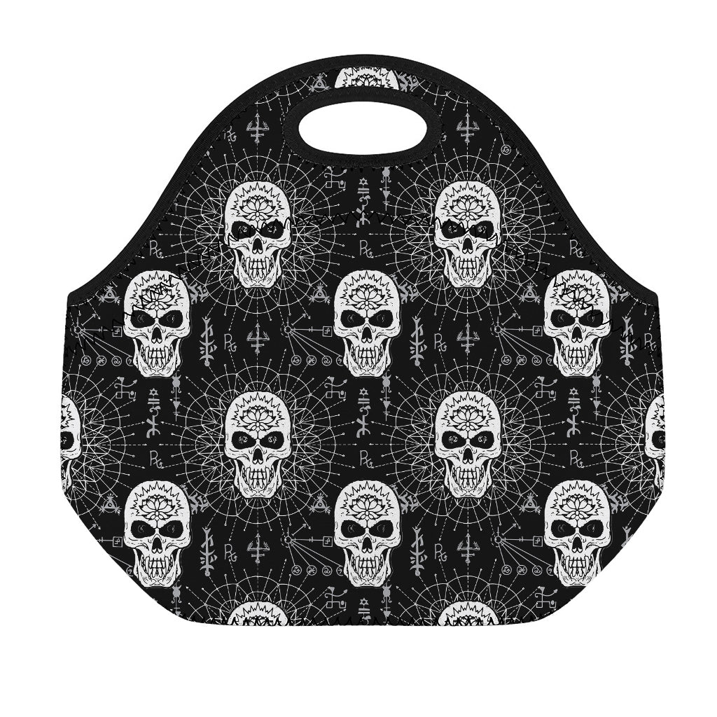 Black And White Wicca Evil Skull Print Neoprene Lunch Bag