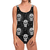 Black And White Wicca Evil Skull Print One Piece Swimsuit