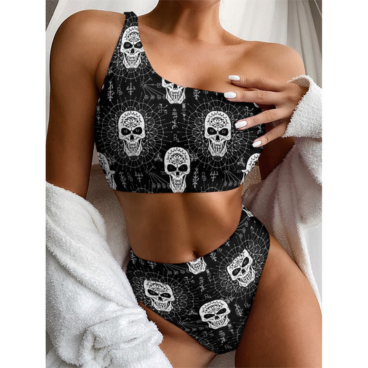 Black And White Wicca Evil Skull Print One Shoulder Bikini Top