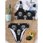 Black And White Wicca Evil Skull Print One Shoulder Bikini Top