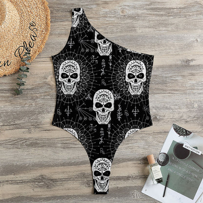Black And White Wicca Evil Skull Print One Shoulder Bodysuit
