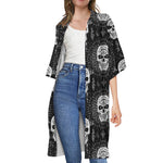 Black And White Wicca Evil Skull Print Open Front Beach Cover Up