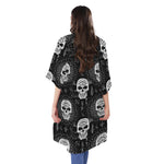 Black And White Wicca Evil Skull Print Open Front Beach Cover Up