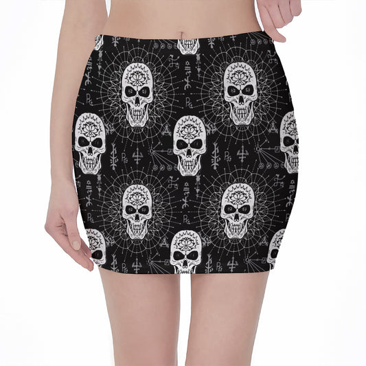 Black And White Wicca Evil Skull Print Pencil Mini Skirt