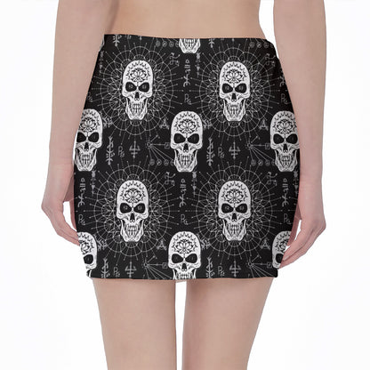 Black And White Wicca Evil Skull Print Pencil Mini Skirt