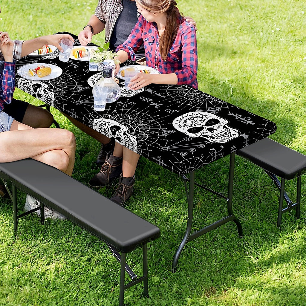 Black And White Wicca Evil Skull Print Picnic Table Cover