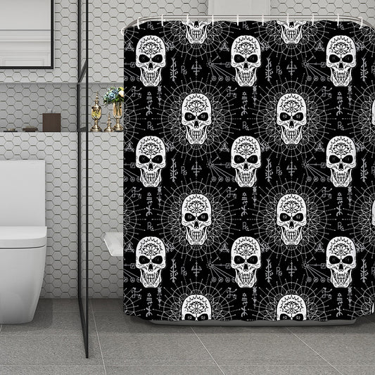 Black And White Wicca Evil Skull Print Polyester Shower Curtain
