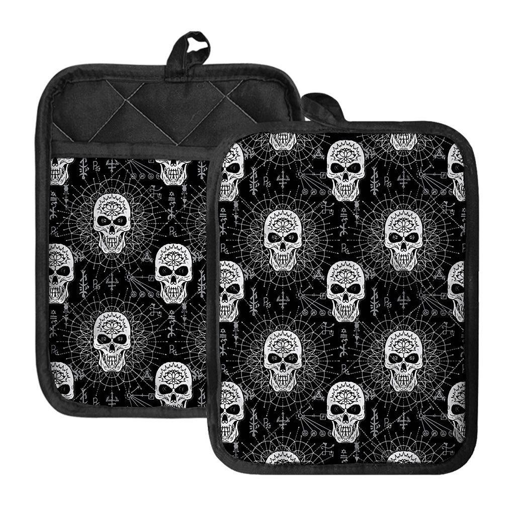 Black And White Wicca Evil Skull Print Pot Holders With Pocket