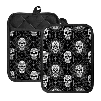 Black And White Wicca Evil Skull Print Pot Holders With Pocket