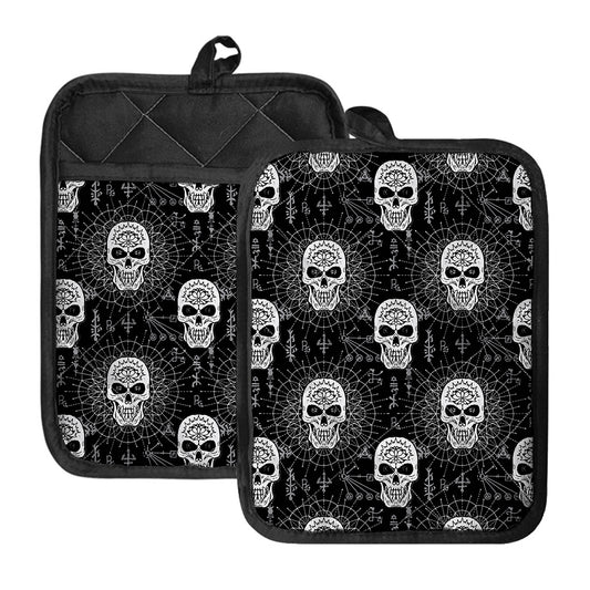 Black And White Wicca Evil Skull Print Pot Holders With Pocket