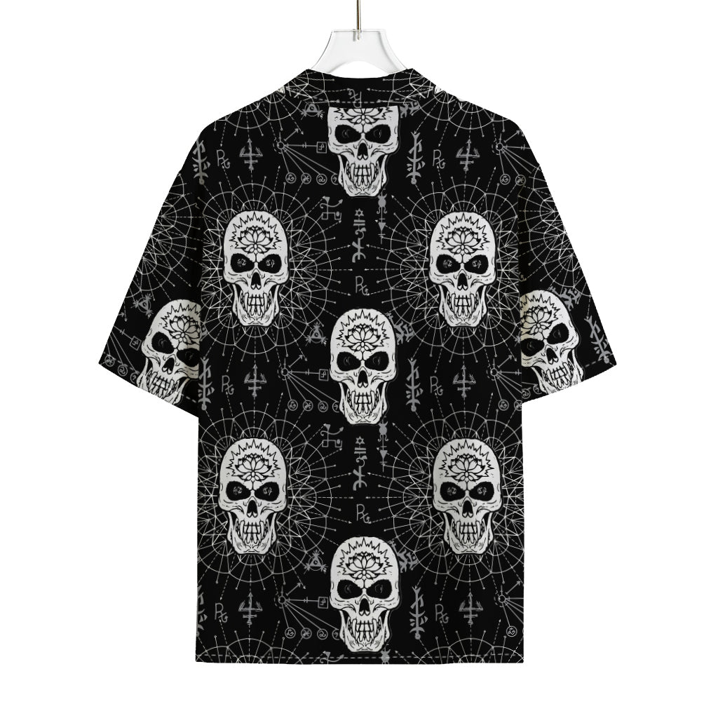 Black And White Wicca Evil Skull Print Rayon Hawaiian Shirt