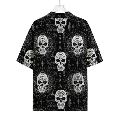 Black And White Wicca Evil Skull Print Rayon Hawaiian Shirt