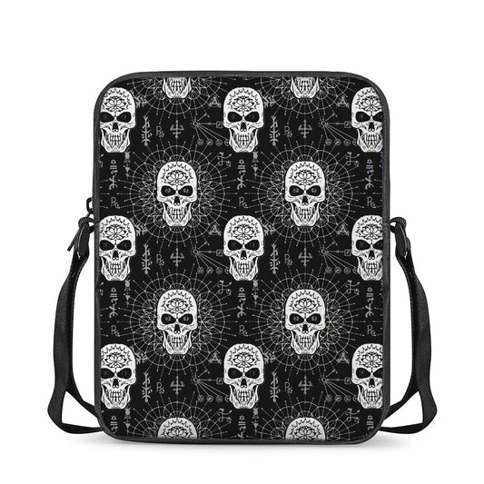 Black And White Wicca Evil Skull Print Rectangular Crossbody Bag