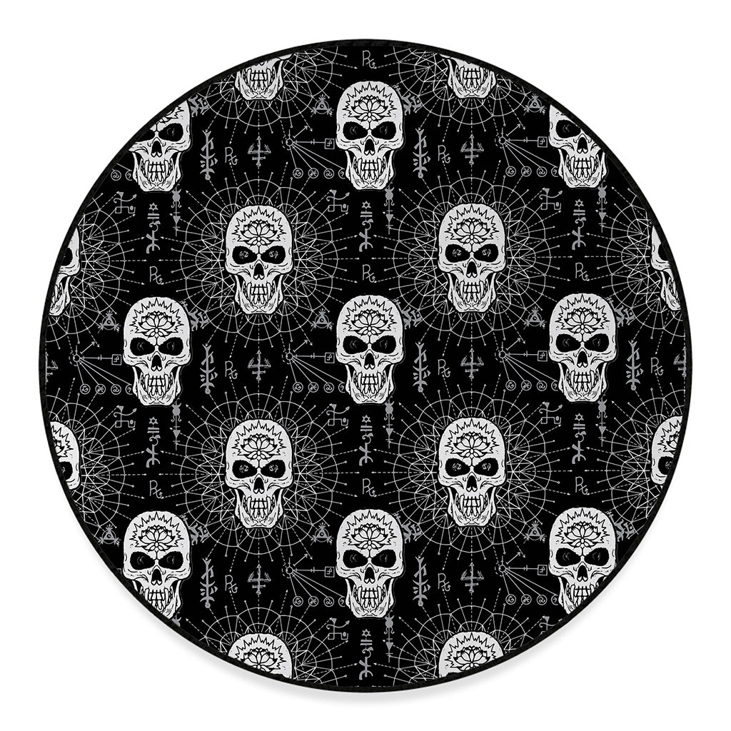 Black And White Wicca Evil Skull Print Round Floor Mat