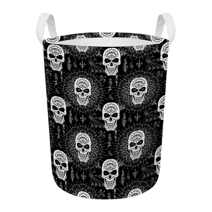 Black And White Wicca Evil Skull Print Round Laundry Basket