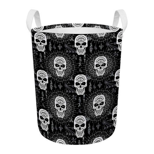 Black And White Wicca Evil Skull Print Round Laundry Basket