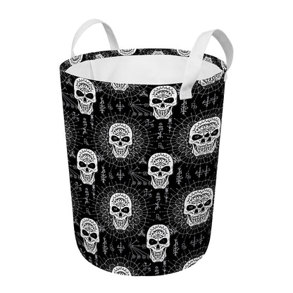 Black And White Wicca Evil Skull Print Round Laundry Basket