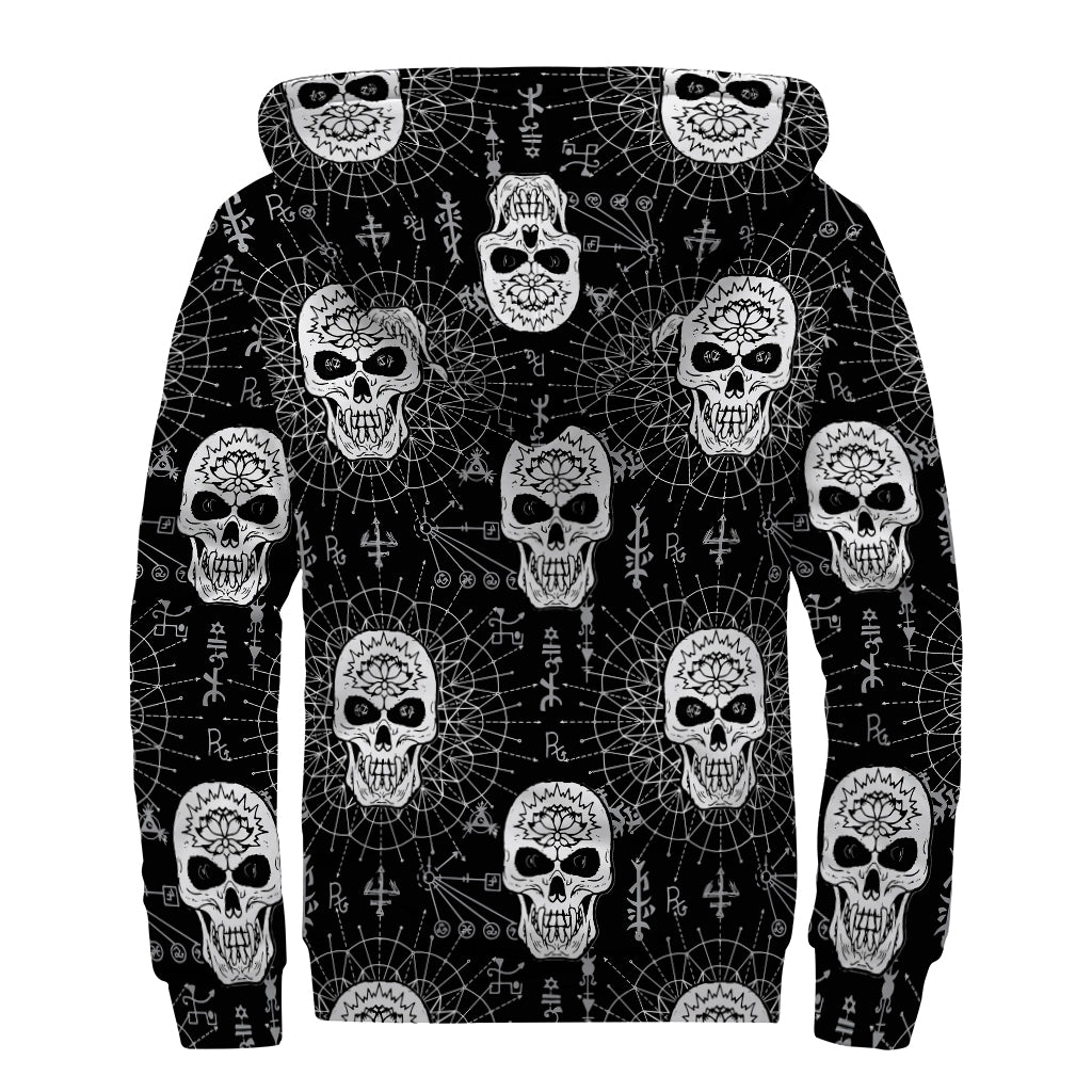 Black And White Wicca Evil Skull Print Sherpa Lined Zip Up Hoodie