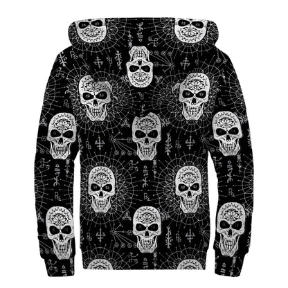 Black And White Wicca Evil Skull Print Sherpa Lined Zip Up Hoodie