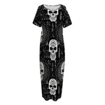 Black And White Wicca Evil Skull Print Short Sleeve Long Nightdress