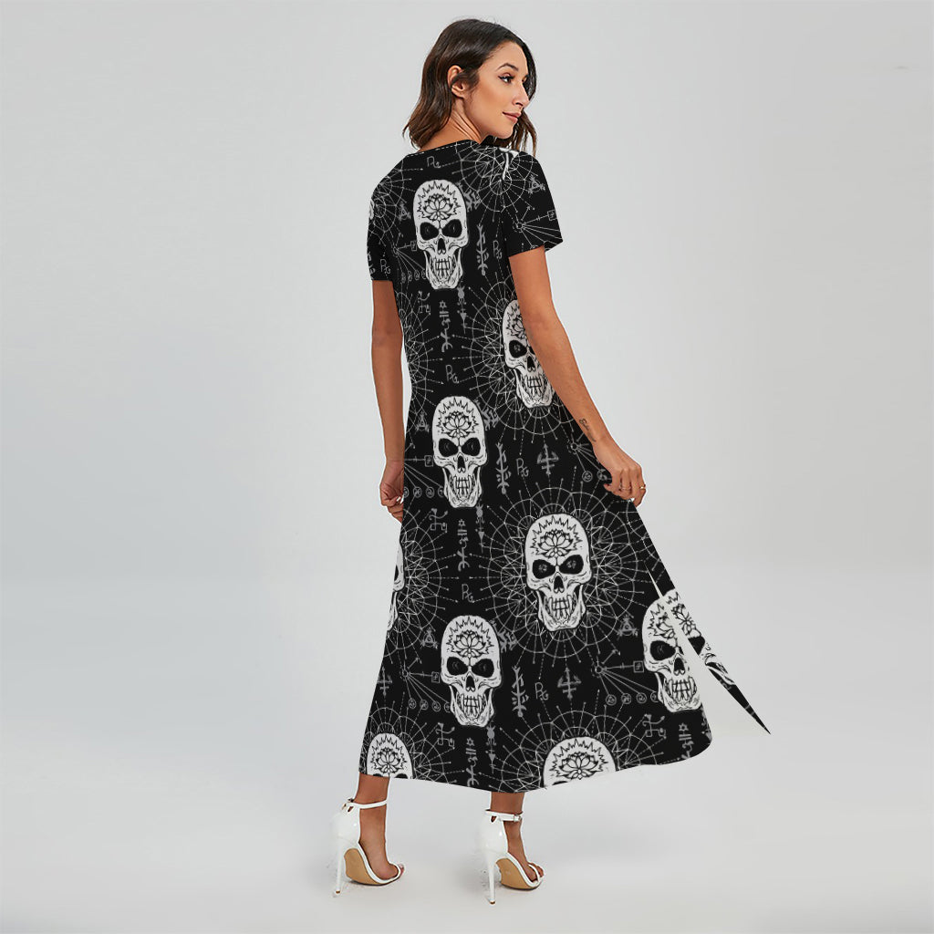 Black And White Wicca Evil Skull Print Short Sleeve Maxi Dress