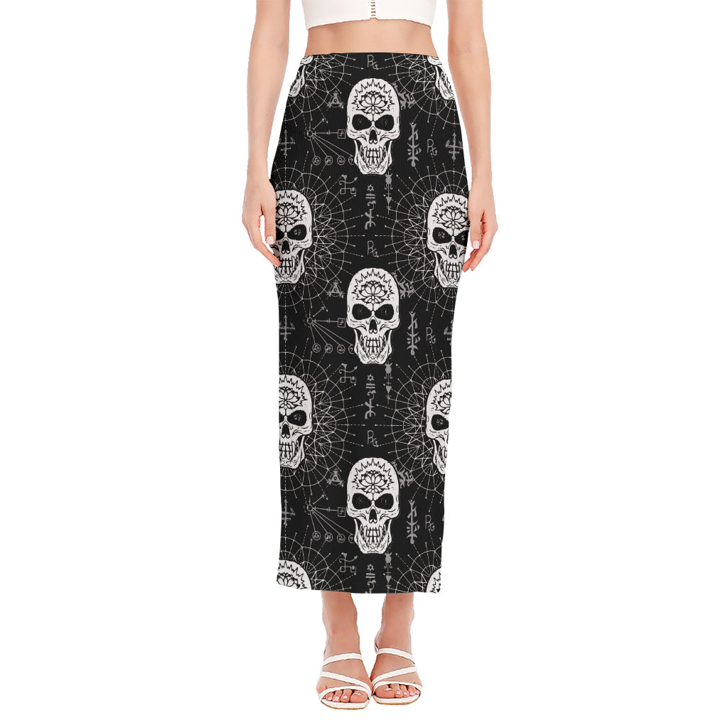 Black And White Wicca Evil Skull Print Side Slit Maxi Skirt