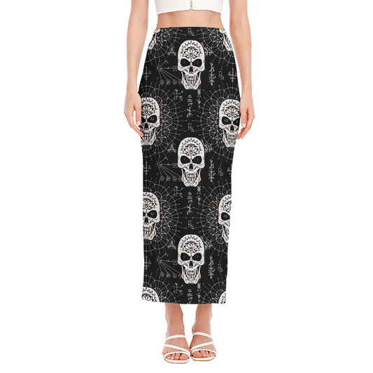 Black And White Wicca Evil Skull Print Side Slit Maxi Skirt