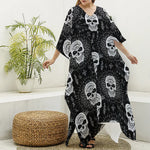 Black And White Wicca Evil Skull Print Silk V-Neck Kaftan Dress