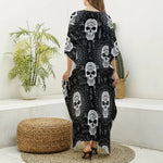Black And White Wicca Evil Skull Print Silk V-Neck Kaftan Dress
