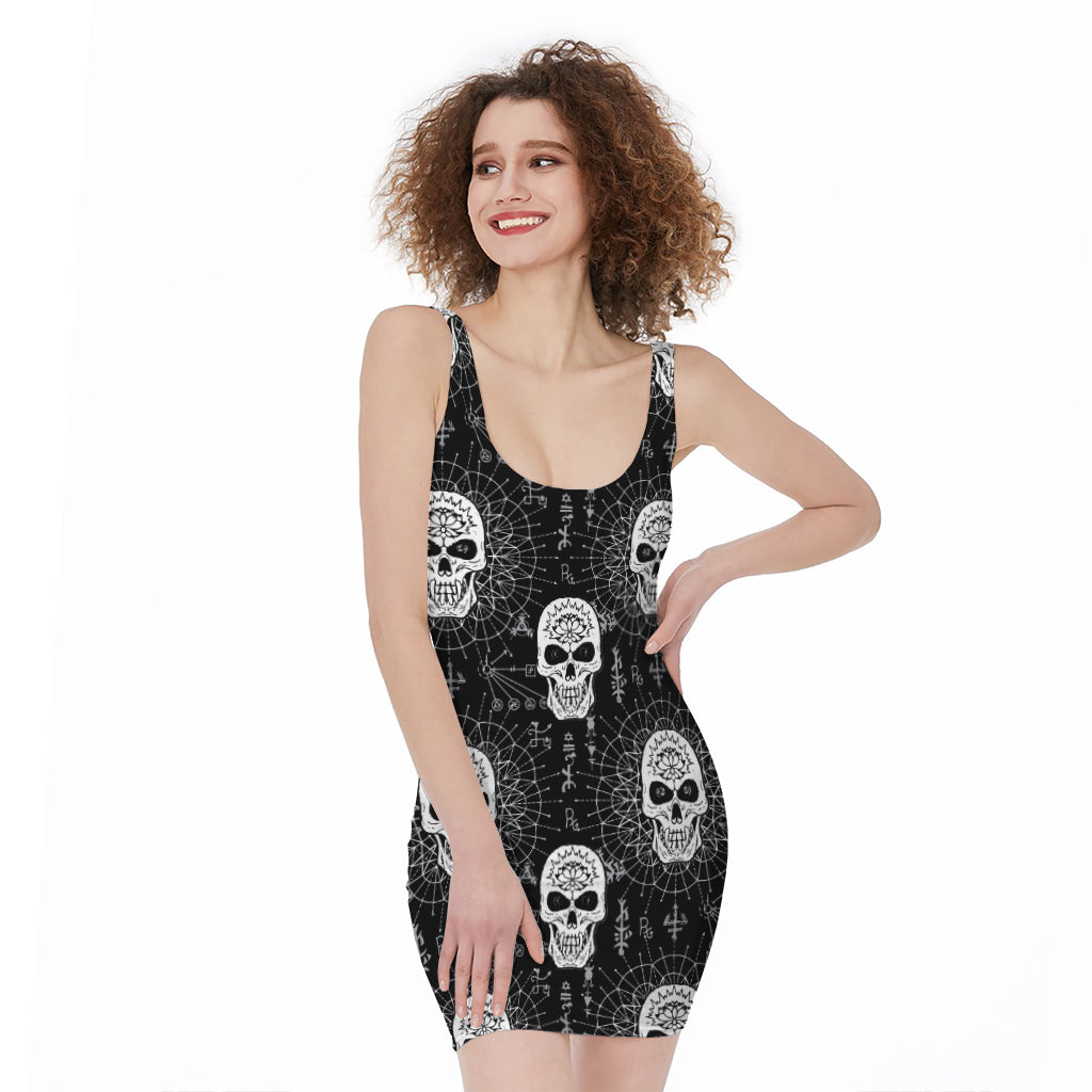 Black And White Wicca Evil Skull Print Sleeveless Bodycon Dress