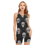 Black And White Wicca Evil Skull Print Sleeveless One Piece Swimsuit