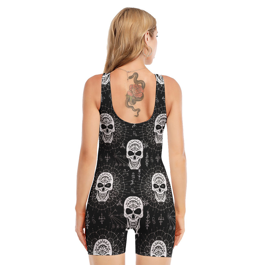 Black And White Wicca Evil Skull Print Sleeveless One Piece Swimsuit
