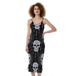 Black And White Wicca Evil Skull Print Slim Fit Midi Cami Dress