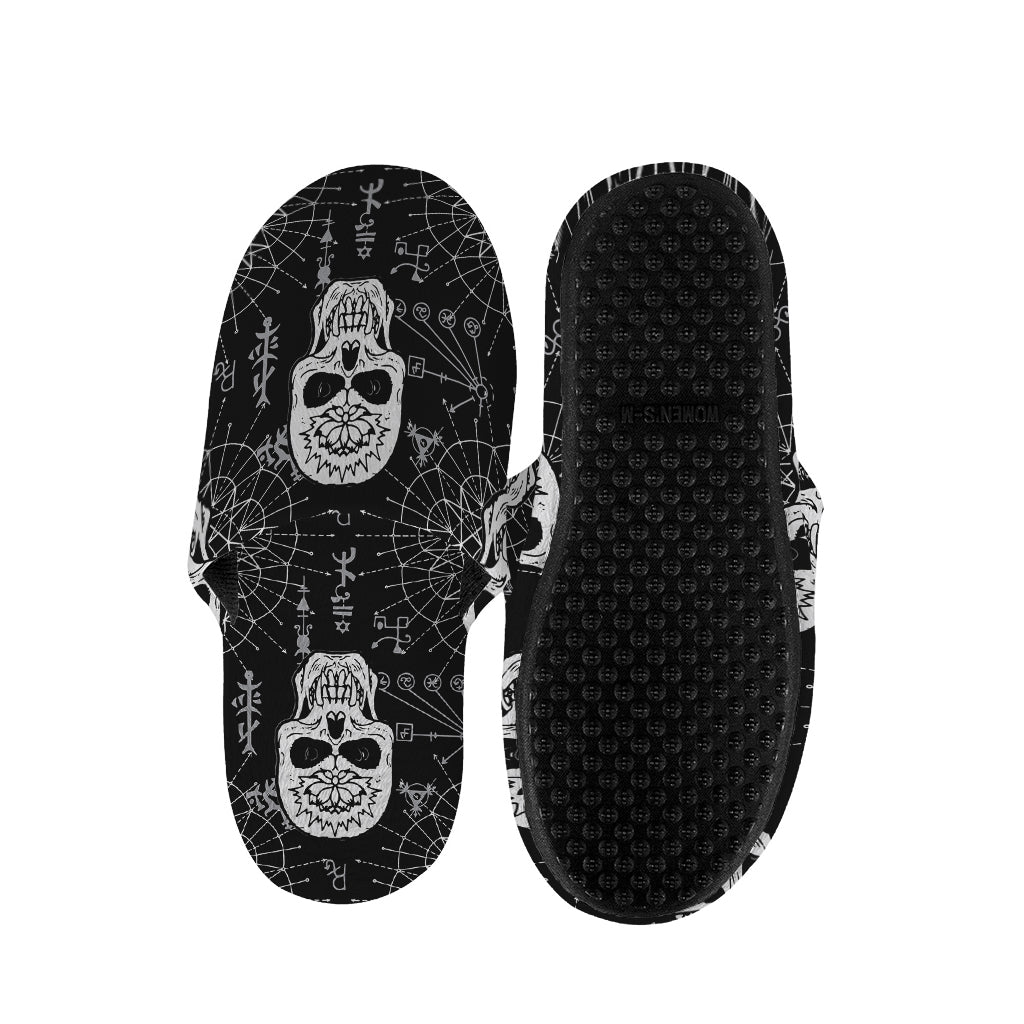 Black And White Wicca Evil Skull Print Slippers