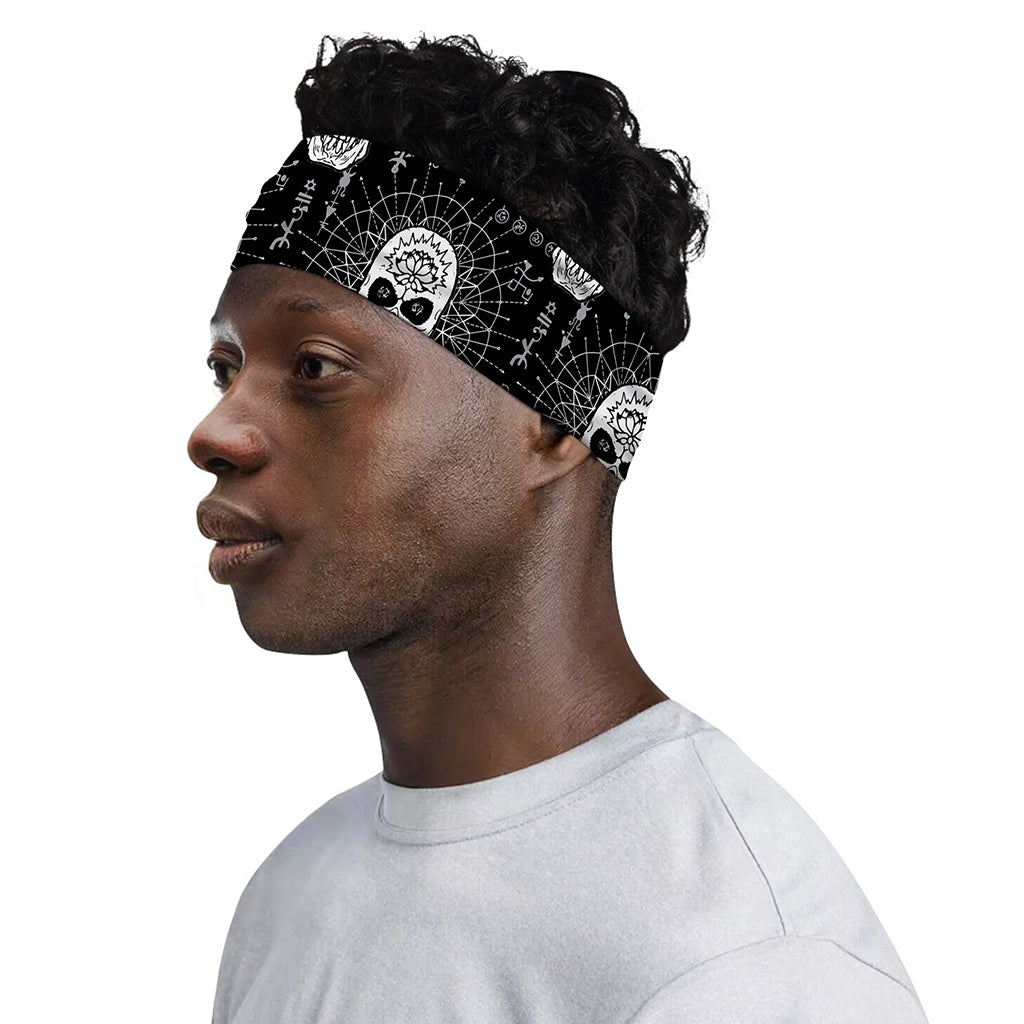 Black And White Wicca Evil Skull Print Sports Headband