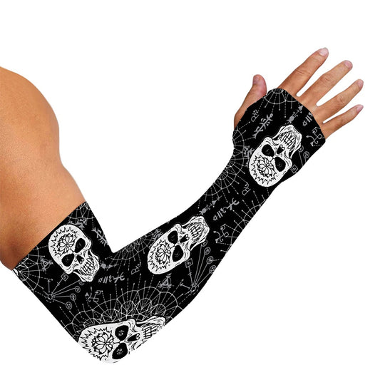 Black And White Wicca Evil Skull Print Sun Protection Arm Sleeves