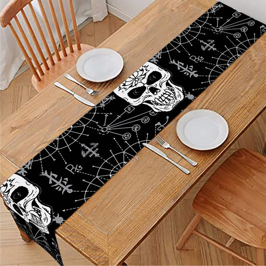 Black And White Wicca Evil Skull Print Table Runner