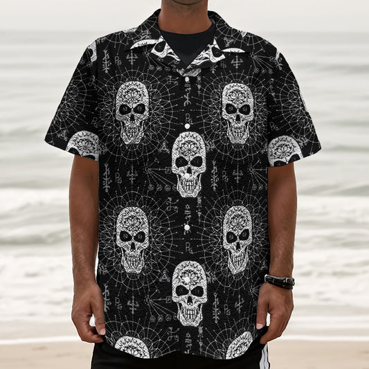 Black And White Wicca Evil Skull Print Textured Short Sleeve Shirt