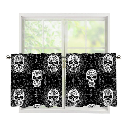 Black And White Wicca Evil Skull Print Tier Curtains