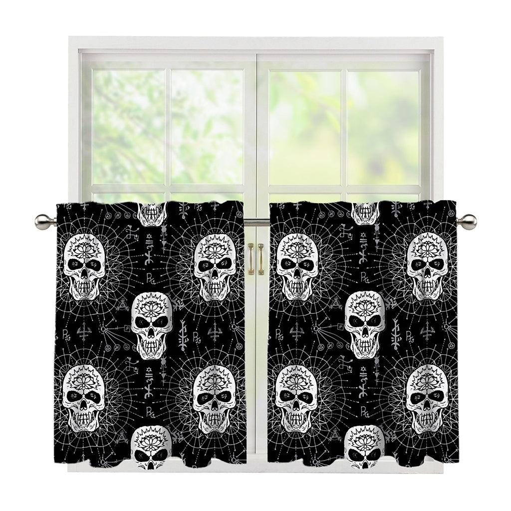 Black And White Wicca Evil Skull Print Tier Curtains