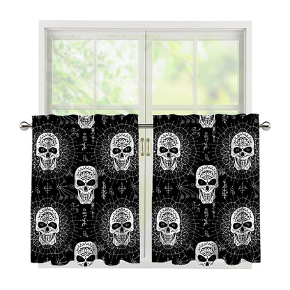 Black And White Wicca Evil Skull Print Tier Curtains