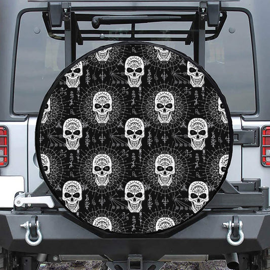 Black And White Wicca Evil Skull Print Tire Cover