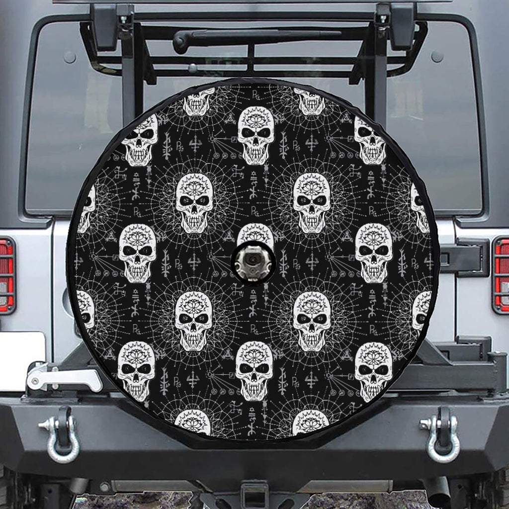 Black And White Wicca Evil Skull Print Tire Cover With Camera Hole