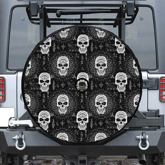 Black And White Wicca Evil Skull Print Tire Cover With Camera Hole