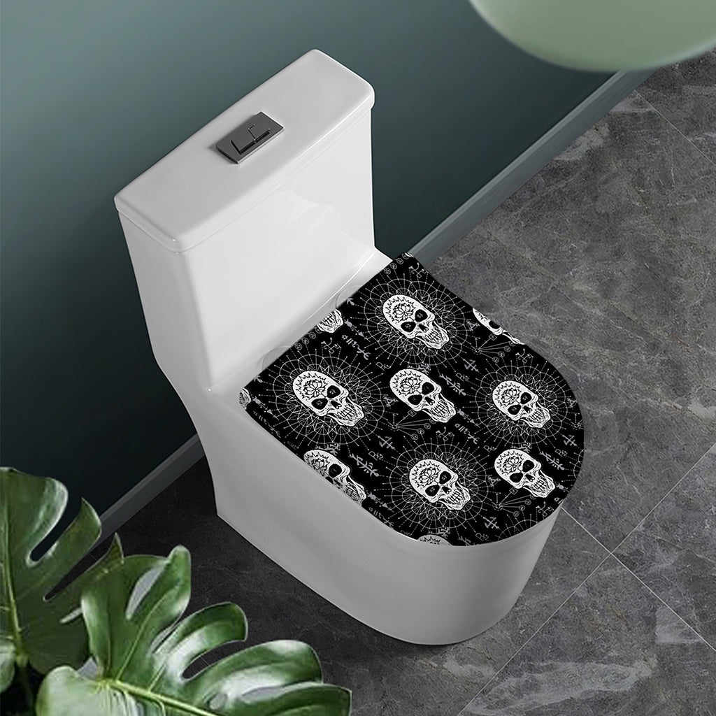 Black And White Wicca Evil Skull Print Toilet Lid Cover