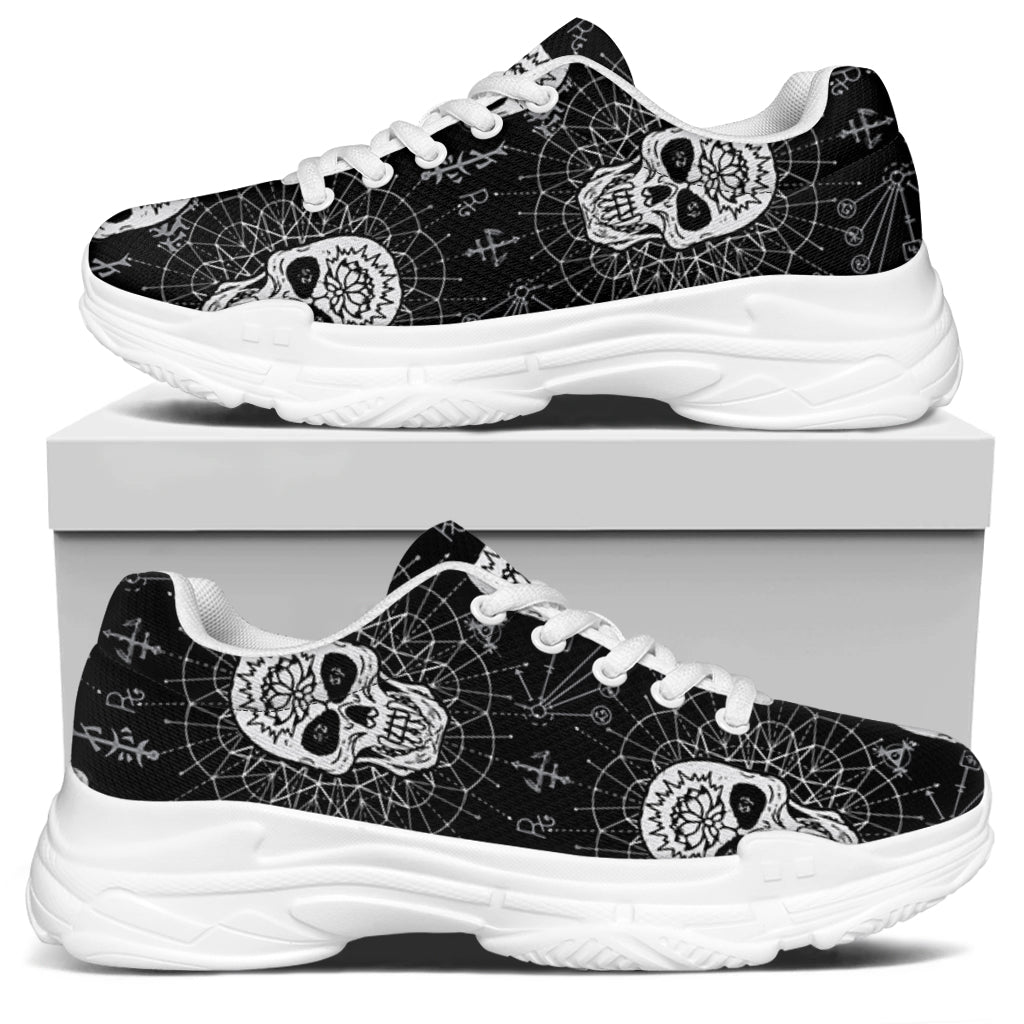 Black And White Wicca Evil Skull Print White Chunky Shoes