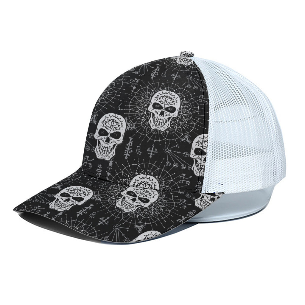 Black And White Wicca Evil Skull Print White Mesh Trucker Cap